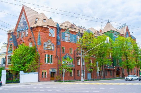 The beautiful Pertsov House was designed by Sergey Malyutin, famous russian painter, Moscow, Russiaのeditorial素材