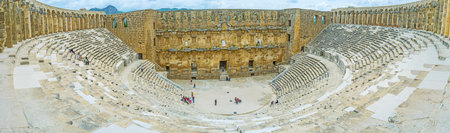 ASPENDOS, TURKEY - MAY 8, 2017: The amphitheater is the main object of Aspendos archaeological site and the best place to enjoy ancient Greco-Roman architecture, on May 8 in Aspendos.のeditorial素材