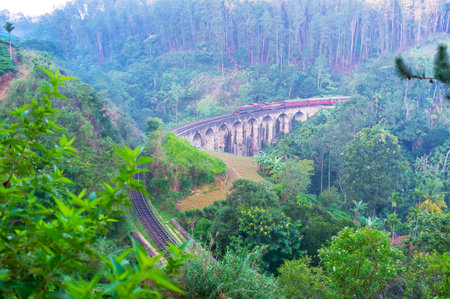 The train runs along the Nine Arches Bridge, seen through the jungle, gadens and farms, from the mountain slope, located in valley, Demodara, Ella, Sri Lanka.のeditorial素材