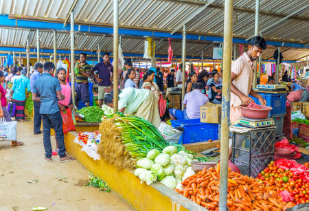 WELLAWAYA, SRI LANKA - DECEMBER 2, 2016: The vegetable stall in local food market offers carrot, tomatoes, cabbage and leeks, on December 2 in Wellawaya.のeditorial素材