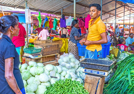 WELLAWAYA, SRI LANKA - DECEMBER 2, 2016: The local agricultural market is crowded and noisy place, here are always many clients and vendors, on December 2 in Wellawaya.のeditorial素材