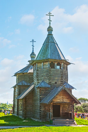 SUZDAL, RUSSIA - JULY 1, 2013: The wooden church of Resurrection in Museum of Wooden Architecture and Peasant Life is historic object, preserved since Middle Ages, on July 1 in Suzdal.のeditorial素材