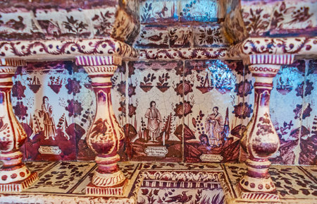 SUZDAL, RUSSIA - JULY 1, 2013: Decoration of the old Dutch type tiled oven, located in Archbishop's Chambers (Cross Chamber), it's painted with pictures and patterns, on July 1 in Suzdal.のeditorial素材