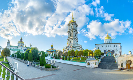 POCHAYIV, UKRAINE - AUGUST 29, 2017: The view on beautiful ensemble of Pochayiv Lavra with its high bell tower in the middle, on August 29 in Pochayiv.のeditorial素材