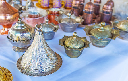 Turkish Delight serving dishes and beautiful sugar bowls, Turkish tea and coffee sets in store of metalwork market of Antalya, Turkey.の写真素材