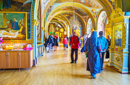 POCHAYIV, UKRAINE - AUGUST 30, 2017: St Job Underground Church boasts beautiful colorful frescoes on its arch ceiling and walls, on August 30 in Pochayiv.のeditorial素材