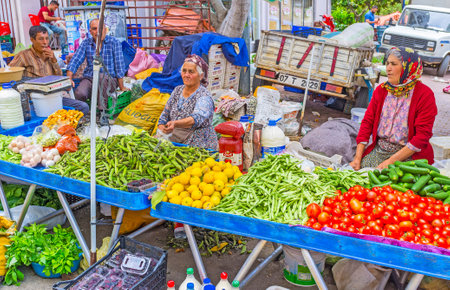 ANTALYA, TURKEY - MAY 12, 2017: The local farmers offer fresh vegetables and fruits in a stall of Muratpasa Friday market, on May 12 in Antalya.のeditorial素材