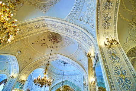 TEHRAN, IRAN - OCTOBER 11, 2017: The domes and walls of Talar-e Salam or Reception Hall of Golestan, covered with scenic patterns of plaster and mirrors, on October 11 in Tehran.のeditorial素材