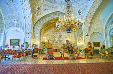 TEHRAN, IRAN - OCTOBER 11, 2017: The Reception Hall (Talar-e Salam) is the outstanding landmark of Golestan Palace with preserved decors, furniture and artifacts, on October 11 in Tehran.のeditorial素材