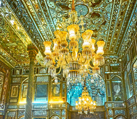 TEHRAN, IRAN - OCTOBER 11, 2017: The  old glass chandeliers in main hall of Emarat-e Badgir (Wind Towers Building) of Golestan palace, on October 11 in Tehran.のeditorial素材