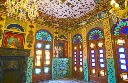 TEHRAN, IRAN - OCTOBER 11, 2017: Interior of Gushvar room (corner) of Emarat-e Badgir (Wind Towers Building) of Golestan palace, the painted floral traceries cover walls and ceiling, on October 11 in Tehran.のeditorial素材