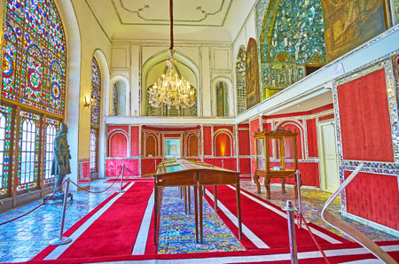 TEHRAN, IRAN - OCTOBER 11, 2017: Interior of Talar-e Almas (Hall of Diamonds) of Golestan, decorated with mirror work, stained glass windows and vintage European wallpaper, on October 11 in Tehran.のeditorial素材