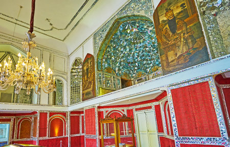 TEHRAN, IRAN - OCTOBER 11, 2017: Talar-e Almas (Hall of Diamonds) of Golestan palace with historic paintings, mirror work and vintage European wallpaper, on October 11 in Tehran.のeditorial素材