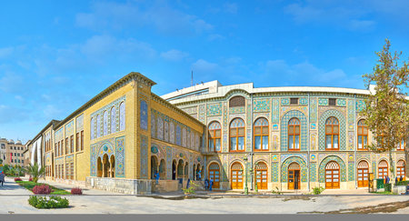 TEHRAN, IRAN - OCTOBER 11, 2017: The wide panorama of Golestan complex with its famous edifices, decorated with colored glazed tile, on October 11 in Tehran.のeditorial素材