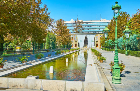 The Golestan palace complex is one of the most popular landmarks of the city with lush garden, historic edifices and the fountains, Tehran, Iran.のeditorial素材