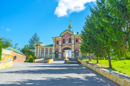 Gate Church of St Onufry the Great welcomes visitors to Holy Spirit Skete complex in Pochaev, Ukraineのeditorial素材
