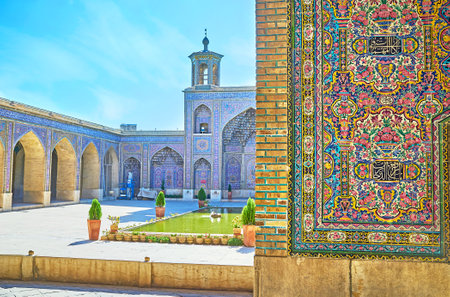 Nasir Ol-Molk mosque boasts elegant tiled decorations in pink gamma, so its also known as the Pink Mosque of Shiraz, Iran.のeditorial素材