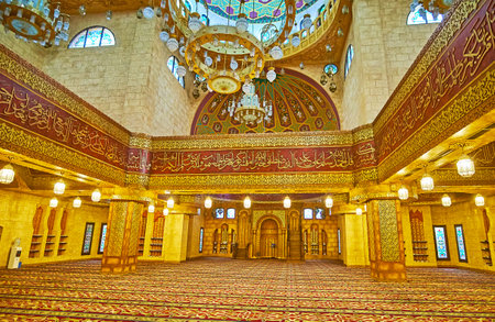 SHARM EL SHEIKH, EGYPT- DECEMBER 15, 2017: Interior of Sahaba mosque, created in fusion of Fatimid,...