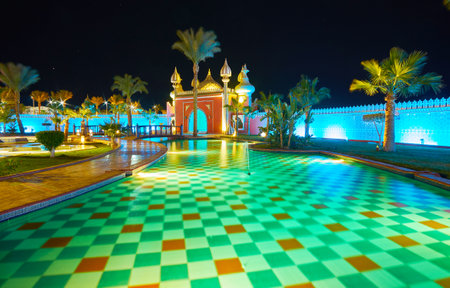 SHARM EL SHEIKH, EGYPT- DECEMBER 15, 2017: Fantasia Palace is entertainment center, created in style of old Arabic fairy tales, it has garden with palms, ponds, fountains and scenic pavilions, on December 15 in Sharm El Sheikh.のeditorial素材