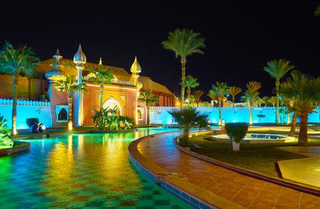 SHARM EL SHEIKH, EGYPT- DECEMBER 15, 2017: Fantasia Palace (1001 nights palace) is the best place to spend the evening - walk in local garden, visit show and have a dinner, on December 15 in Sharm El Sheikh.のeditorial素材