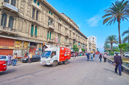 ALEXANDRIA, EGYPT - DECEMBER 17, 2017: The row of historic buildings in Ahmed Oraby square, in  Al Mansheyah Al Kubra district, on December 17 in Alexandria.のeditorial素材