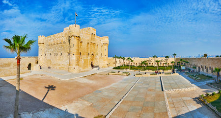 ALEXANDRIA, EGYPT - DECEMBER 17, 2017: The walk on top of the rampart of Qaitbay citadel is the best opportunity to overlook the Fort with its preserved buildings, on December 17 in Alexandria.のeditorial素材