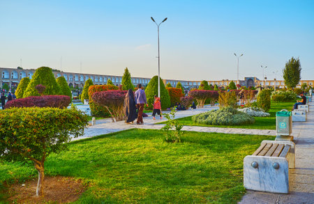 ISFAHAN, IRAN - OCTOBER 20, 2017: The ornamental garden of Naqsh-e Jahan square is the best place...