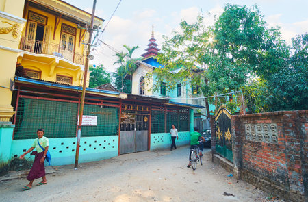 YANGON, MYANMAR - FEBRUARY 14, 2018: The quarter of 66 Thayet Taw Buddhist Monasteries, located in vicinity of Lanmadaw street in Chinatown, on February 14 in Yangon.のeditorial素材