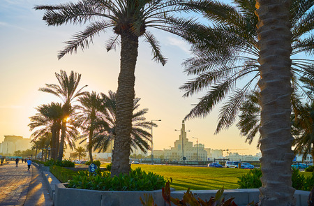 The beautiful palm alley along the Corniche promenade provides shade and hides bright morning sun,...
