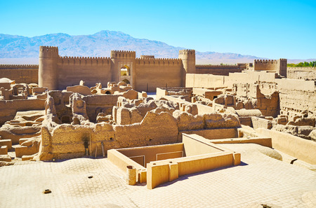 The ancient Arg-e Rayen fortress, built of mudbricks and located in Kerman province, Rayen, Iran.の写真素材