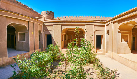 RAYEN, IRAN - OCTOBER 16, 2017: The courtyard and tiny garden of restored Governor's mansion, located in Rayen Castle, on October 16 in Rayen.のeditorial素材
