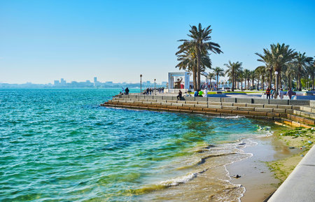 DOHA, QATAR - FEBRUARY 13, 2018: The scenic seascape from the corniche promenade with a view on...