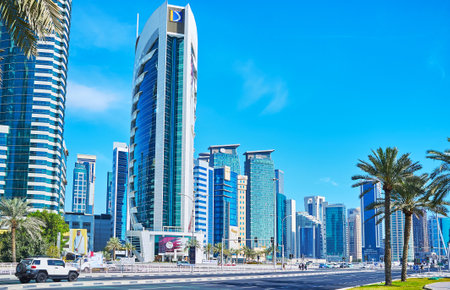 DOHA, QATAR - FEBRUARY 13, 2018: The urban scene with skyscrapers of Al Dafna district in West Bay neighborhood, on February 13 in Doha.のeditorial素材