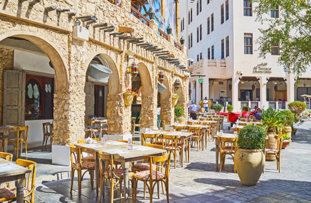 DOHA, QATAR - FEBRUARY 13, 2018: The cozy outdoor terrace of the authentic restaurant, located in shad street of Souq Waqif, on February 13 in Dohaのeditorial素材