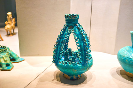 TEHRAN, IRAN - OCTOBER 24, 2017: Beautifully decorated clay wares are exhibited on Glass and Ceramic Museum, on October 24 in Tehran.のeditorial素材