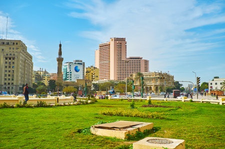 CAIRO, EGYPT - DECEMBER 24, 2017: The view from Midan Al Tahrir square on Umar Makram Mosque,...