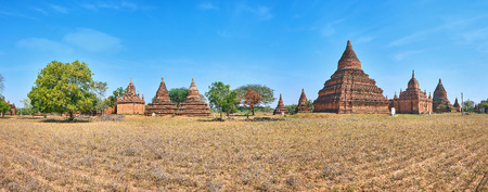 Beautiful panoramic view on ancient temples, among myanmar savanna, Bagan, Myanmarの写真素材
