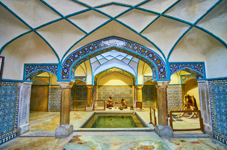 KERMAN, IRAN - OCTOBER 15, 2017: Panorama of the Bathhouse of Ganjali Khan complex, decorated with patterns of glazed tiles, columns and arches, on October 15 in Kerman.のeditorial素材