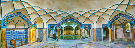 KERMAN, IRAN - OCTOBER 15, 2017: Panorama of preserved bathing hall in Hammam-e Ganjali Khan, one of the most popular city landmarks, on October 15 in Kerman.のeditorial素材