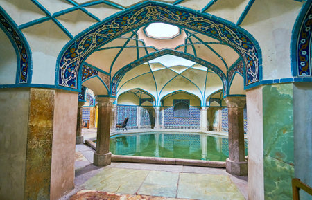 KERMAN, IRAN - OCTOBER 15, 2017: Explore interiors of Ganjali Khan Bathhouse - the famous medieval landmark of the city, on October 15 in Kerman.のeditorial素材