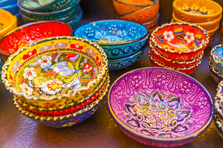 Traditional Turkish dishware with fine relief patterns on floral themes, Antalya, Turkey.