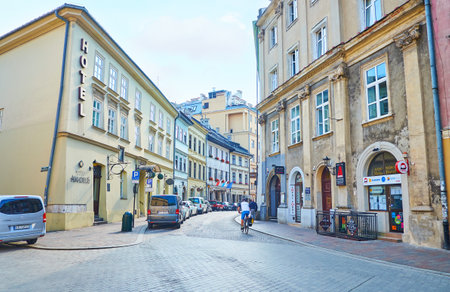 KRAKOW, POLAND - JUNE 11, 2018: The old town of Krakow is the ideal place to stay due to numerous hotels and lot of entertainment establishments, on June 11 in Krakow.のeditorial素材
