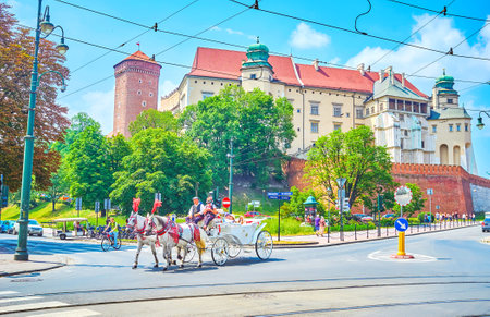KRAKOW, POLAND - JUNE 11, 2018: The horse carriage ride along the street with Wawel castle on the background, on June 11 in Krakow.のeditorial素材