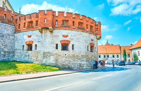 KRAKOW, POLAND - JUNE 11, 2018: Beautiful defensive Sigizmund III Vasa Tower in one of the most impressive construction of the castle, on June 11 in Krakow.のeditorial素材