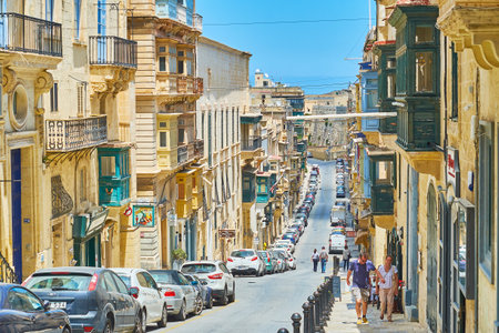 VALLETTA, MALTA - JUNE 17, 2018: Explore architecture of Republic street, stretching along the old town to the Fort St Elmo, on June 17 in Vallettaのeditorial素材