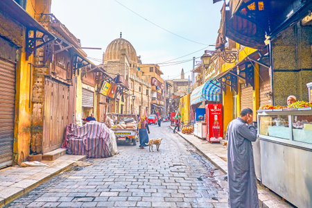 CAIRO, EGYPT - DECEMBER 23, 2017: The traditional grocery  market in Islamic Cairo located in El-Gamaleya street, on December 23 in Cairoのeditorial素材