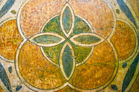 CAIRO, EGYPT - DECEMBER 23, 2017: The beautiful painted geometric tracery on the marble plate in Coptic Museum, on December 23 in Cairoのeditorial素材