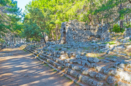 Walk the naval harbor road of Phaselis with a view on ruins of Domitian Agora, Tekirova, Turkey.のeditorial素材