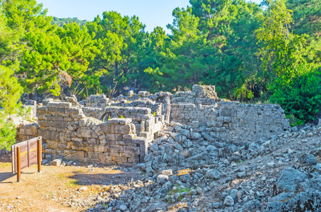 The ruins of antique city, located in deep coniferous forest between three bays, Phaselis, Tekirova, Turkey.のeditorial素材