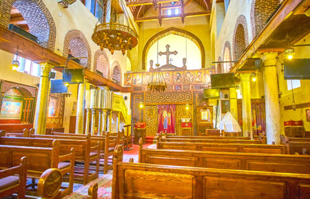 CAIRO, EGYPT - DECEMBER 23, 2017: The beautiful interior of the oldest Coptic St Sergius and Bacchus (Abu Serga) Church decorated with carved wooden iconostasis, on December 23 in Cairo.のeditorial素材
